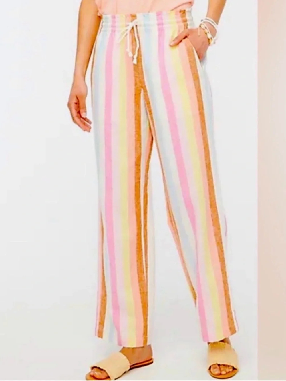 J. Crew LINEN blend Pastel Multi-Striped Wide-Leg Drawstring Pants
